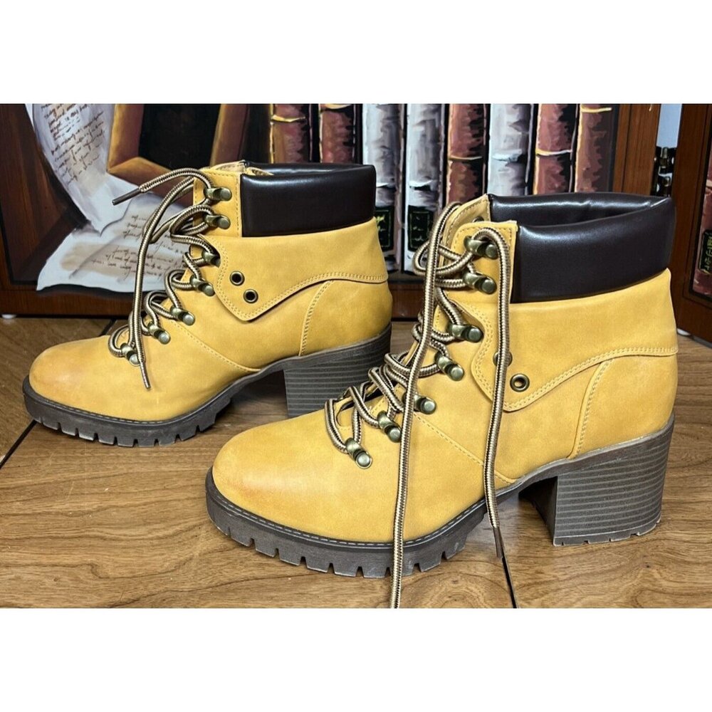 Maurice Yellow Hiking-Inspired Lace-Up Ankle Boots Block Heel Size 8 - Picture 3 of 7